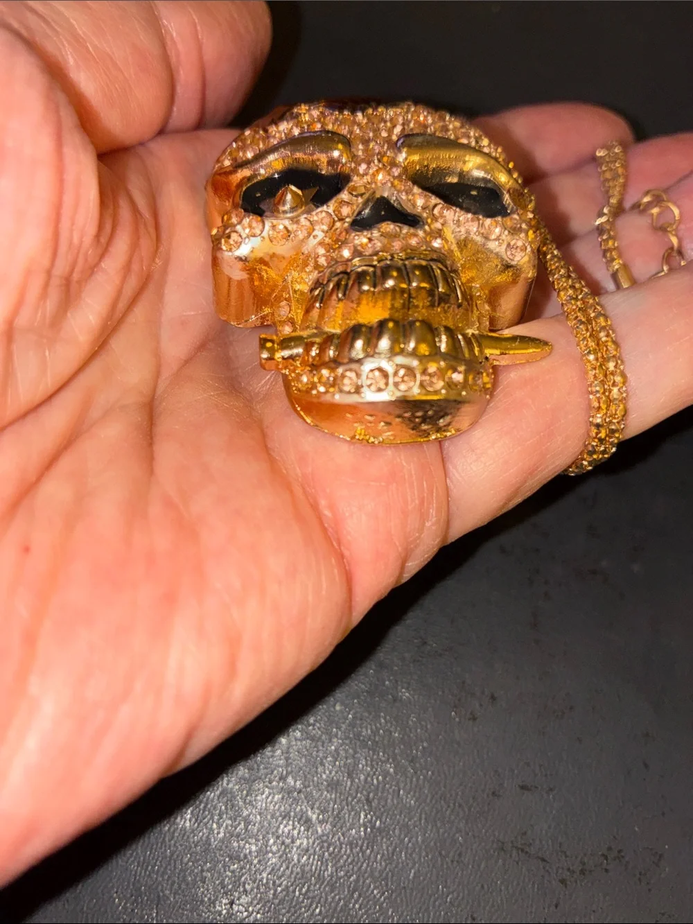 Gold Crystal Skull Pendant Necklace